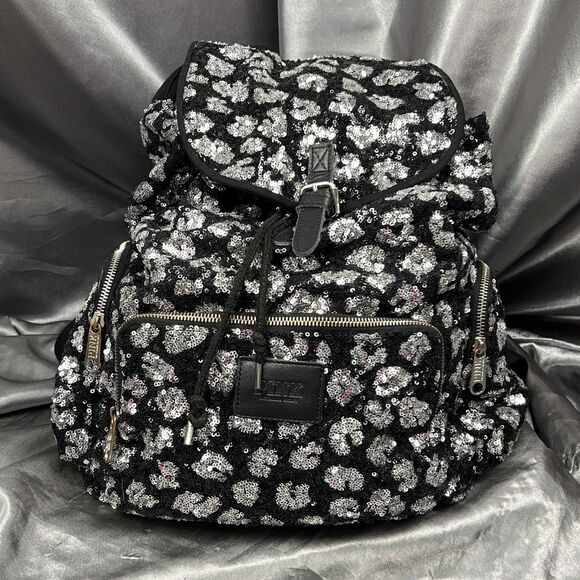 Victoria\'s Secret PINK Drawstring Silver Sequin Bling Large Backpack Pockets Y2K main image 12